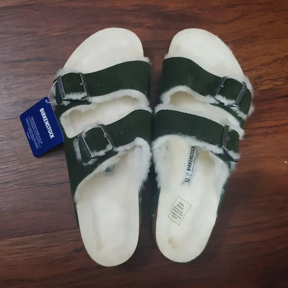 NWT Birkenstock Green Suede Leather Lamb Shearling Arizona Wide Footbed Size 43